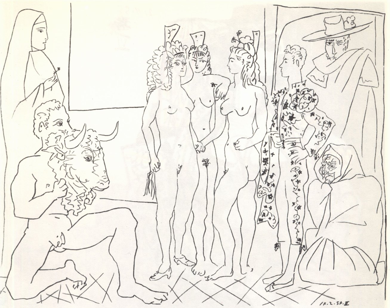 95. Три женщины и бык. 1954. Литография. 50×65