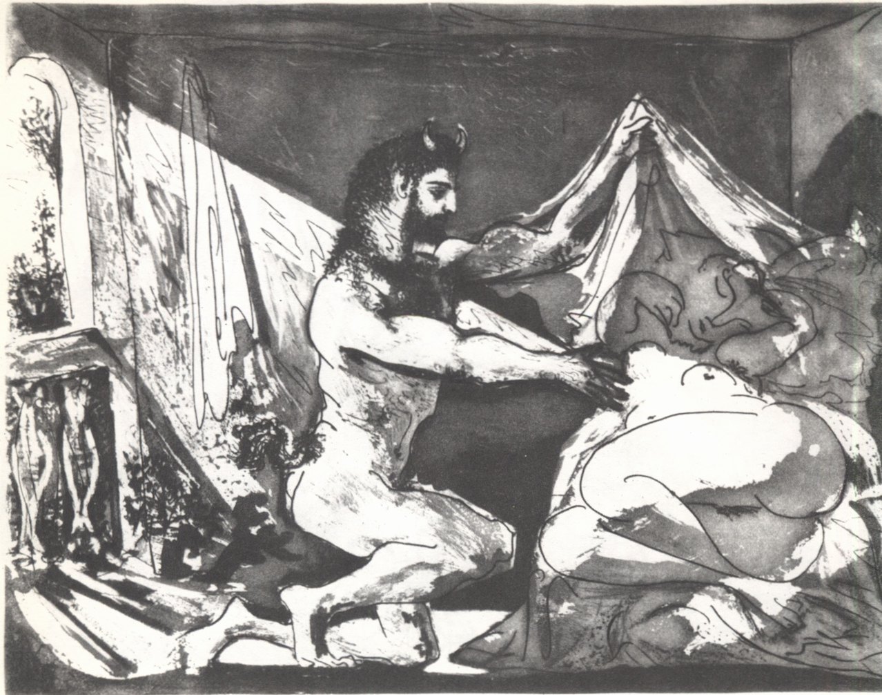 42. Фавн, поднимающий покрывало над спящей женщиной. 1936. Акватинта. 31,7×41,7
