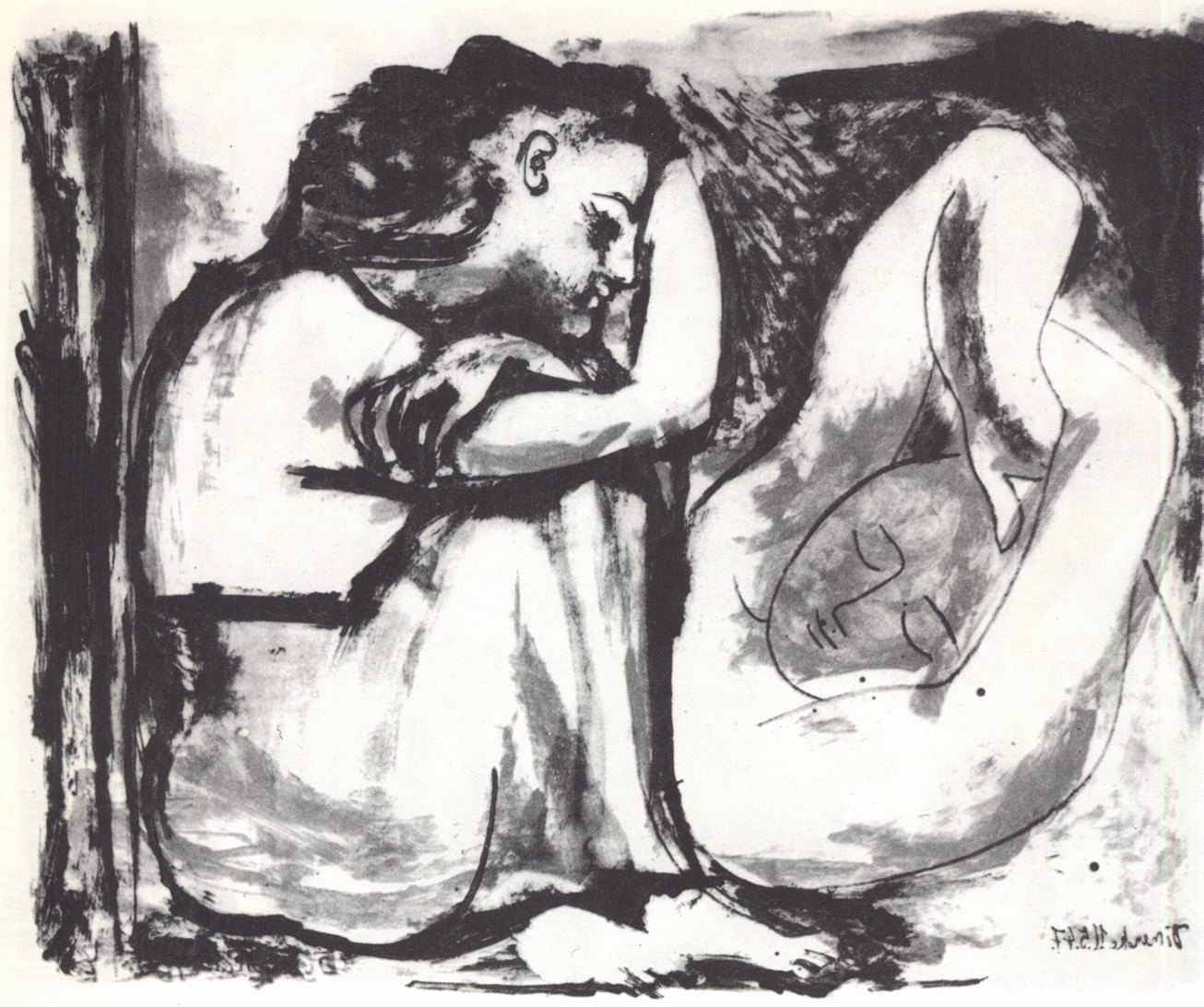 77. Женщина, сидящая около спящей. 1947. Литография. 49×60