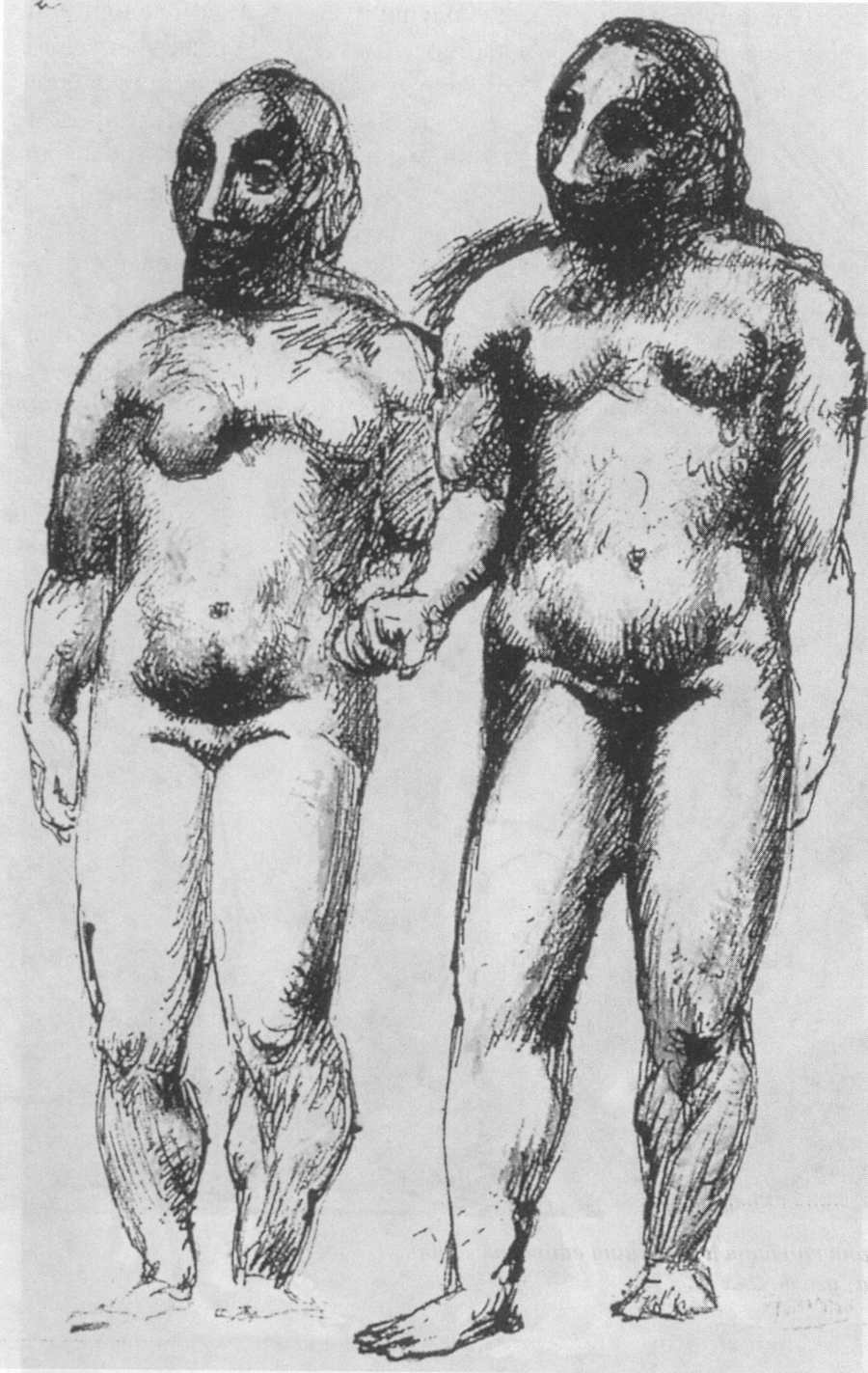 Две обнаженные, держащиеся за руки. 1906. Бумага, тушь с размывкой, 19x12