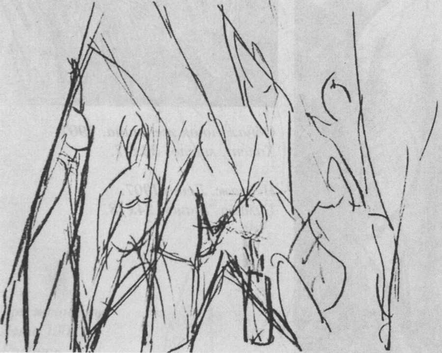 Набросок к «Авиньонские барышнями» (также называется «Купальщицы в лесу»), 1907. Свинцовый карандаш, 8x10