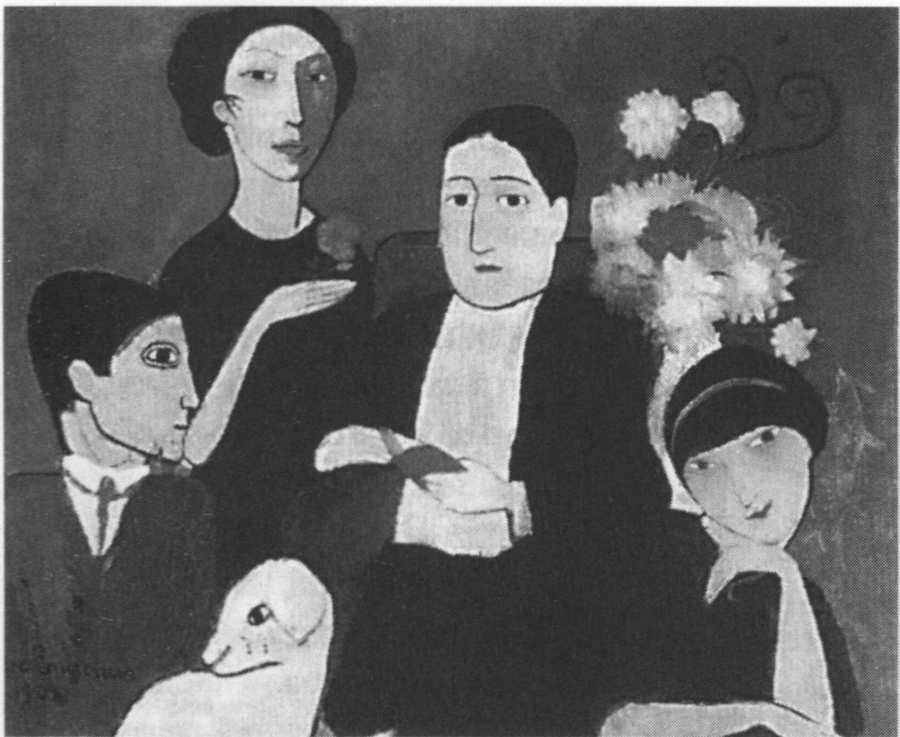 Мари Лорансен, группа художников. 1908. Слева направо: Пикассо, Мари Лорансен, Аполлинер и Фернанда Оливье. Холст, масло, 25x32