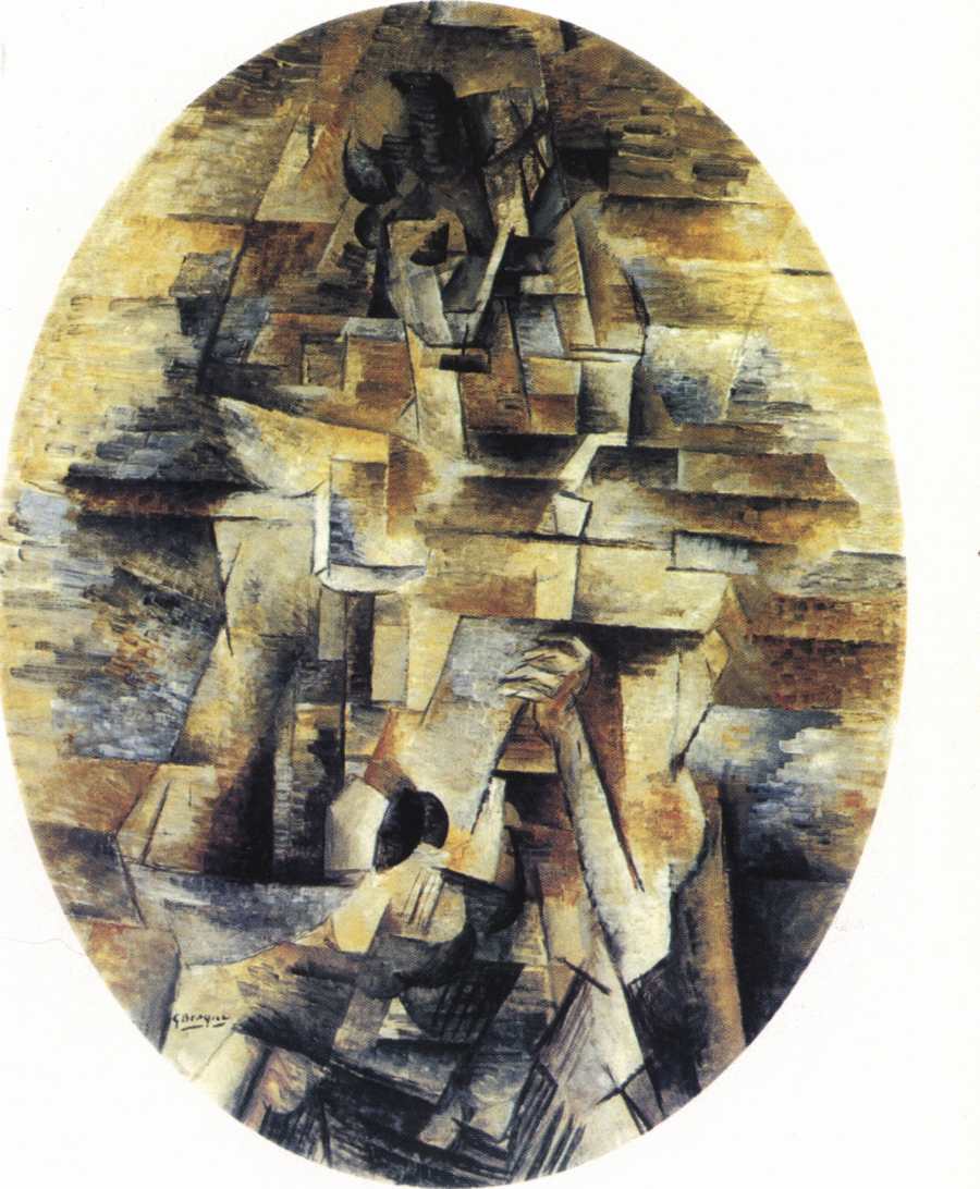 Жорж Брак. Женщина с мандолиной. Париж- 1910. Холст, масло (овал), 36x29