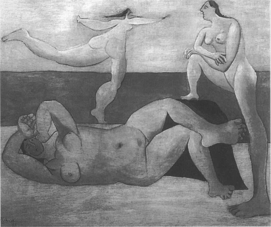 Три купальщицы. Жуан-ле-Пен, июнь 1920. Масло и уголь на дереве 32x39. Пока нет сомнений в том, что это работа Пикассо. Здесь и далее везде размеры даются в дюймах