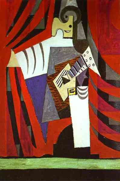 Пабло Пикассо "Полишенель с гитарой перед занавесом." (1919 год)