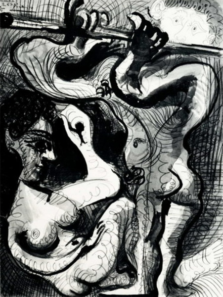 Пабло Пикассо "Сидящая обнаженная и флейтист 2." (1967 год)