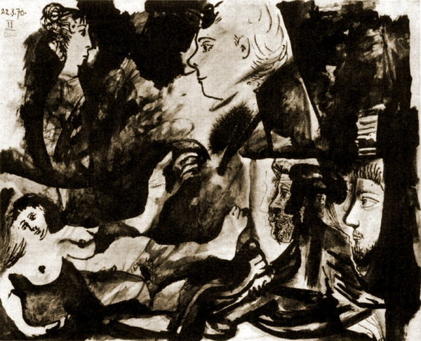 Пабло Пикассо "Лежащая обнаженная и голова в профиль." (1970 год)