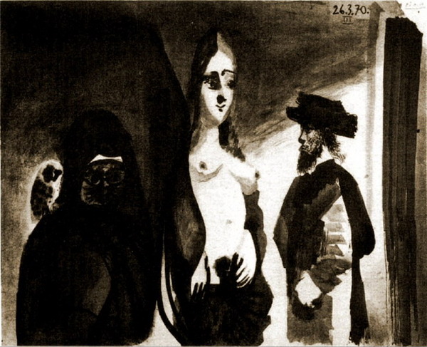 Пабло Пикассо "Старая женщина с совой, мужчина и стоящая обнаженная." (1970 год)