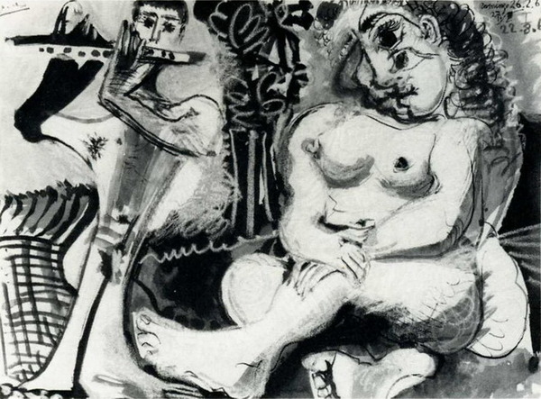 Пабло Пикассо "Сидящая обнаженнная и флейтист." (1967 год)