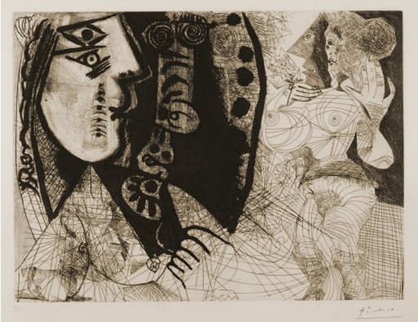Пабло Пикассо "Серия 156 L155" (Двое: женщина и мужчина, вместе с женщиной с цветком)." (1972 год)