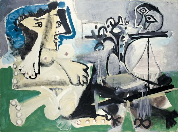 Пабло Пикассо "Сидящая обнаженнная и флейтист." (1967 год)
