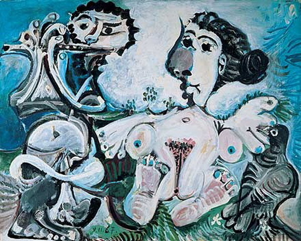 Пабло Пикассо "Обнаженная с птицей и играющий на флейте." (1967 год)
