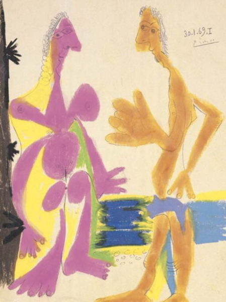 Пабло Пикассо "Стоящие обнаженные мужчина и женщина." (1969 год)